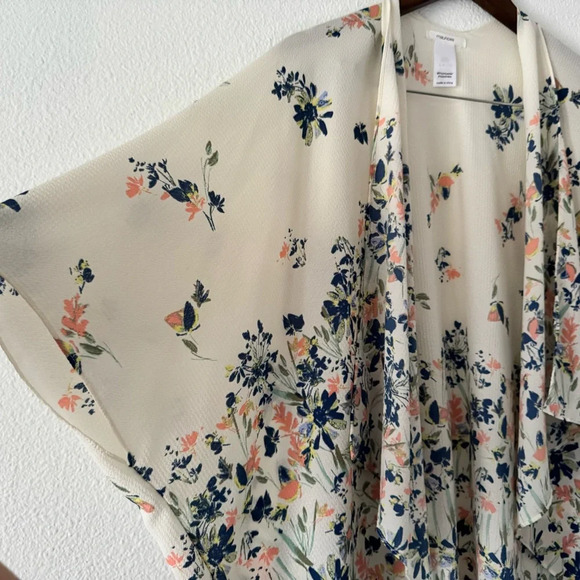 Open Front Cream Ditsy Floral Kimono One Size Boho Chic Flowy Summer Layering - Picture 2 of 8